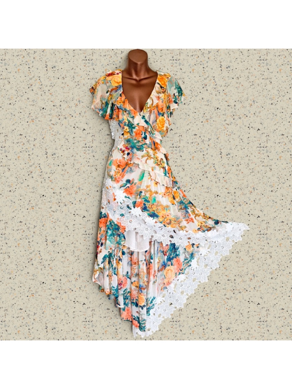 Anthropologie Floral High-Low Ruffle Dress in White, Orange, Teal